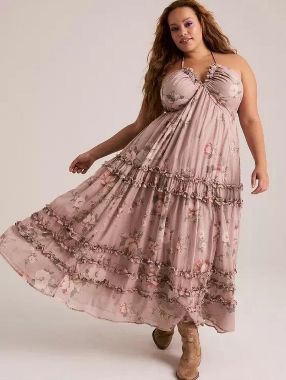 Torrid Festi Cross-Front Halter Maxi Dress Floral Beige Boho Women's Plus Sz 2X
